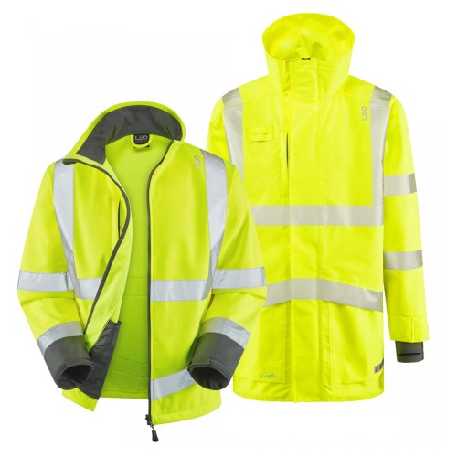 Leo Workwear Clovelly With Buckland Class 3 Hi-Vis Yellow / Navy Anorak Softshell Jacket Leo Workwear Clovelly With Buckland Class 3 Hi-Vis Yellow / Navy Anorak Softshell Jacket
